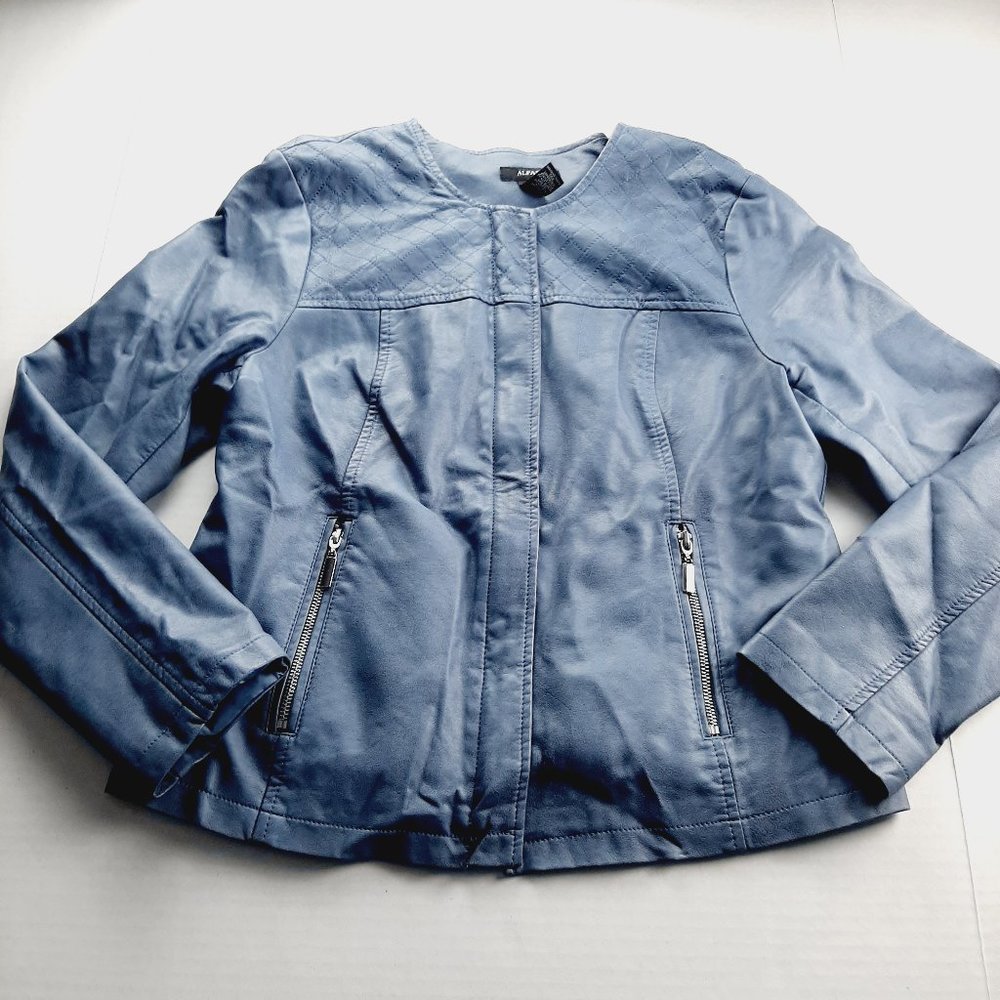Alfani Womens Faux Leather Moto Jacket Size Medium Blue Quilted Zippered Pockets